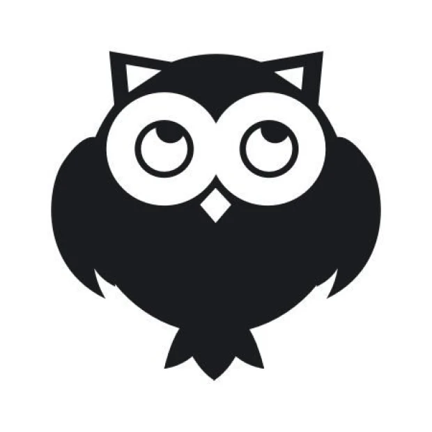 Sticker 03X 16 owl 1920 - Graphic design. Round black owl with big eyes on a white background.