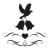 Sticker 03X 22 dove, bells, heart 1902 - Graphic design. Dove carries bells, with a heart and decorative lines below.