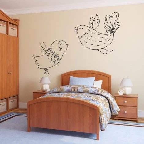 Sticker 03X 23 birds 1909 - Bedroom decor with light walls, wooden furniture, and a checkered bedding set.