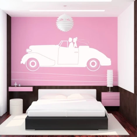 Sticker 03X 25 young couple 1900 - Bedroom decor. Pink walls, modern dark wood furniture.