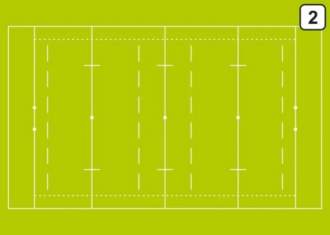 Tactical dry-erase coaching board for rugby 183 - Green background with a white rugby field layout.