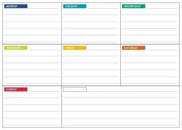 Magnetic dry-erase board lean 053 weekly planner in English - Graphic design. Simple layout with seven sections.
