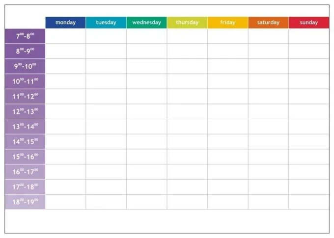 Magnetic dry-erase weekly planner board in English with hours - Simple layout with days.