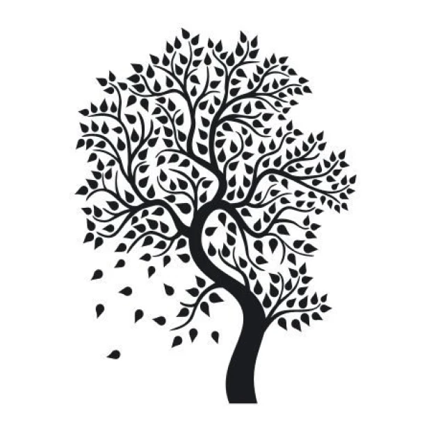 Sticker 03X 08 tree 1934 - Graphic design. Tree with a broad crown, leaves in various shapes, and twisting branches.