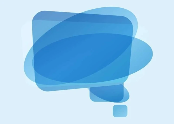 Dry-erase magnetic board with graphic design featuring blue speech bubbles in various shapes.
