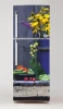 Fridge wrap sticker with floral composition P621 - Graphic design featuring flowers, vegetables, and fruits on a wooden background.