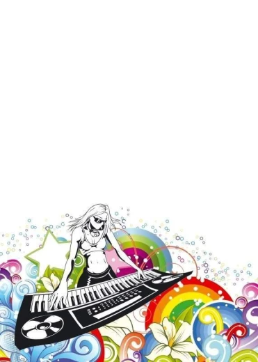 Magnetic whiteboard music design 151 - A figure playing a keyboard surrounded by colorful waves.