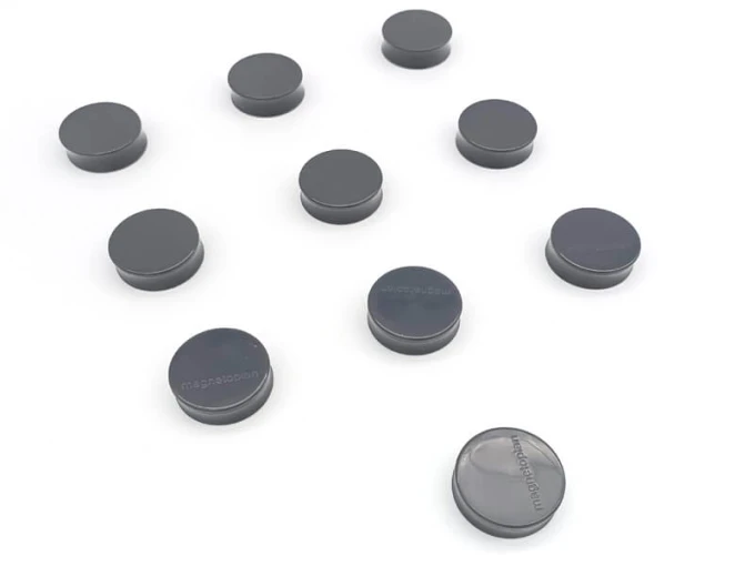 Round magnets 34x12.5mm, 10pcs in various colors - graphic design, arranged on a white background.