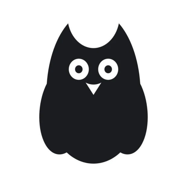 Chalk sticker owl 188 - Graphic design. Large-eyed owl with a rounded shape, black color on a white background.