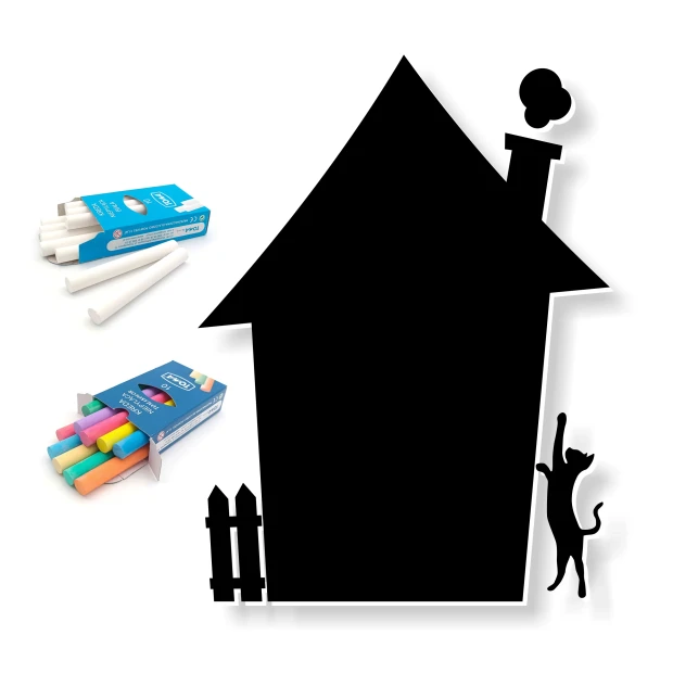 Chalkboard house 214 - Graphic design. House shape with a chimney and a cat by the fence. Background in chalk colors.