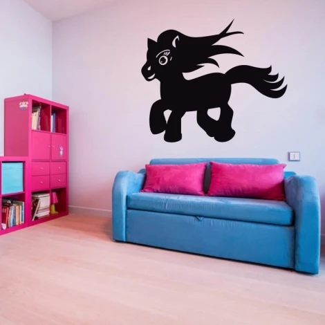 Chalk sticker horse 199 - Decor for a child\'s room. Light-colored walls, pink and blue furniture.