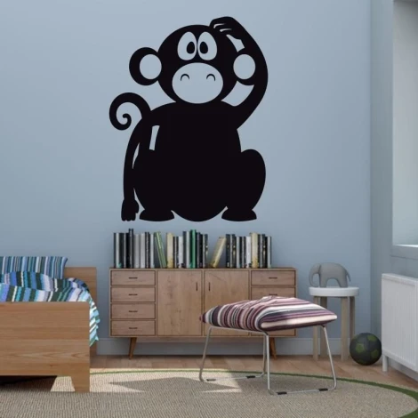 Chalkboard monkey sticker 195 - Room decor with light walls, natural wood furniture, and colorful cushions.