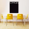 Chalkboard menu sticker 202 - Dining room setup with light walls and white and yellow furniture.