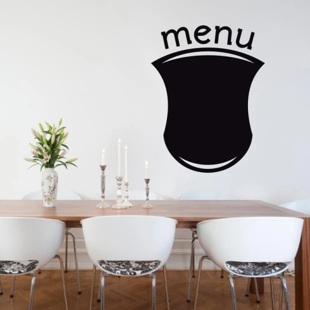 Chalkboard menu sticker 203 - Dining room setup with light walls, wooden table, and white chairs.