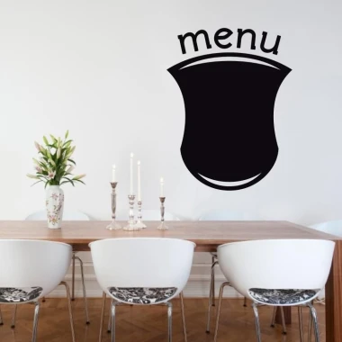 Chalkboard menu sticker 203 - Dining room setup with light walls, wooden table, and white chairs.