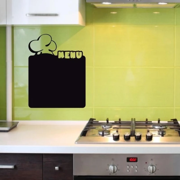 Chalkboard menu sticker 204 - Kitchen decor with light green walls and modern white furniture.