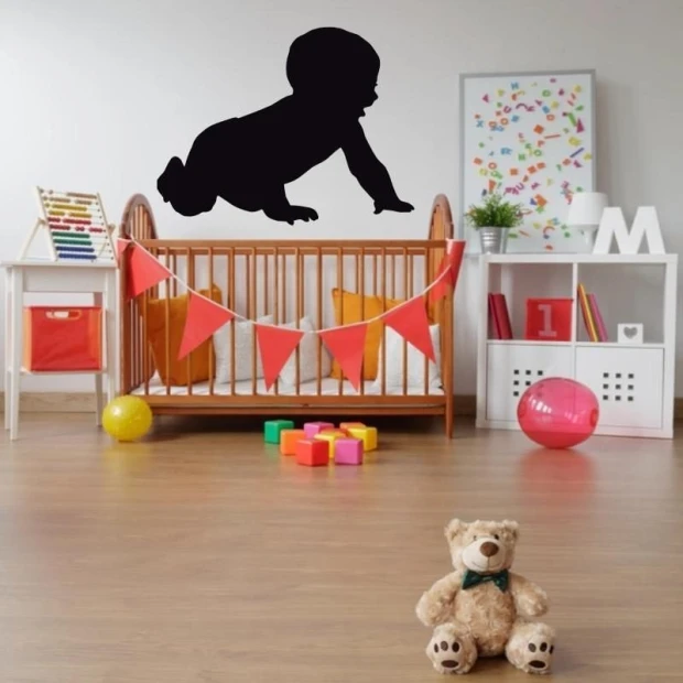 Chalk sticker for infants 186 - Decor for a child\'s room with light walls, wooden furniture, and colorful accents.