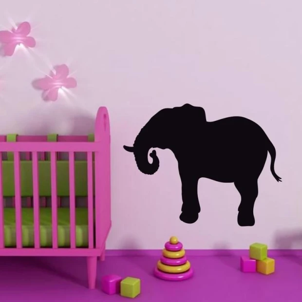 Chalkboard elephant sticker 182 - Decor for a child\'s room. Light-colored walls, furniture in shades of pink.