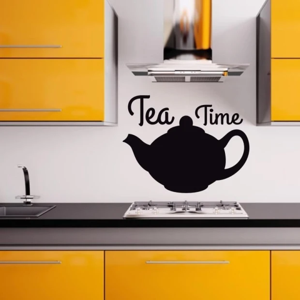 Chalk sticker tea time 211 - Kitchen decor with yellow walls, modern furniture, and a black countertop.