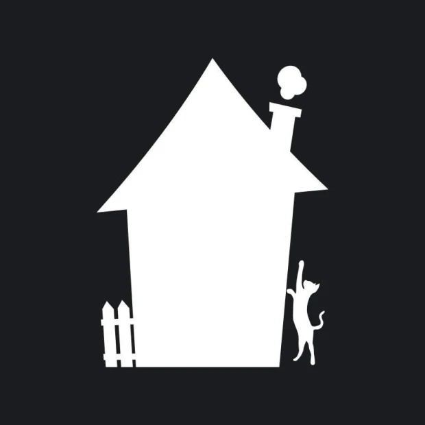 Dry-erase board house 214 - Graphic design. House shape with a roof, next to a cat and a fence.