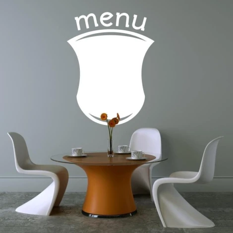 Menu dry-erase board 203 - Dining room setup with gray walls and a round table featuring an orange base.