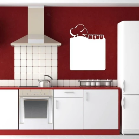 Menu dry-erase board 204 - Kitchen arrangement with red walls and white cabinets.