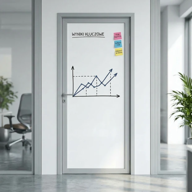 Dry-erase board for doors in various colors - Office setup with light walls and wooden floor.