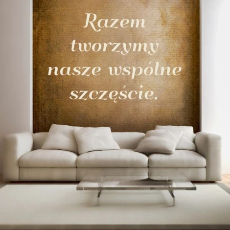 Sticker Together We Create Happiness 1967 - Living room setup. Brown wall, light sofa, glass table.