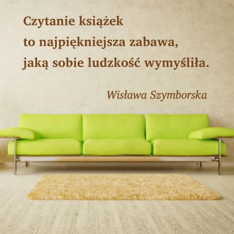 Reading books sticker, the most beautiful fun 1969 - Living room decor. Light-colored walls, green sofa.