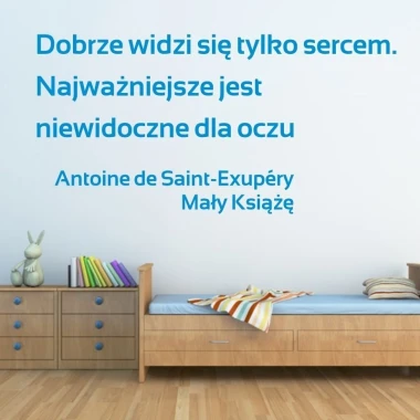 Sticker "You can only see well with the heart" 1970 - Bedroom decor with light walls and natural wood furniture.