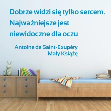 Sticker "You can only see well with the heart" 1970 - Bedroom decor with light walls and natural wood furniture.