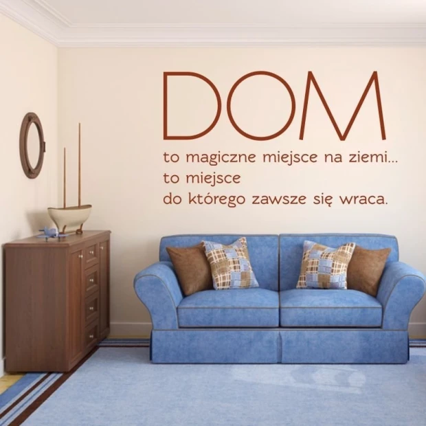 Home is a magical place sticker 1943 - Living room decor with light walls, blue sofa, and wooden dresser.