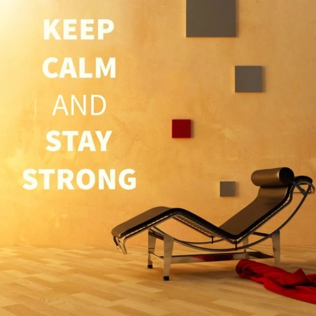 Keep calm and stay strong 1945 sticker - styled in a modern living room with beige walls and wooden flooring.