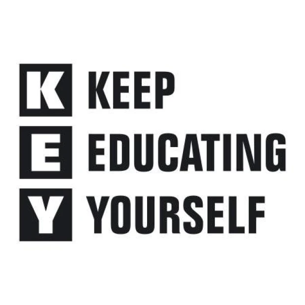 Key 1953 sticker - Graphic design with four large vertical letters K, E, Y and the words Keep, Educating, Yourself horizontally.