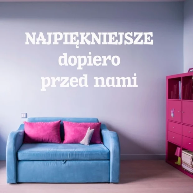 Sticker "The best is yet to come 1936" - Styled in a bright living room with a blue sofa and pink accents.