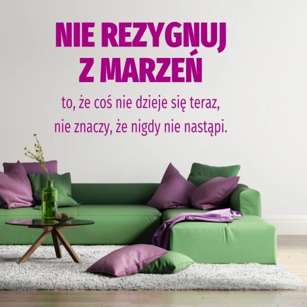Dreams don\'t give up sticker 1959 - Living room setup. Light-colored walls, green sofa, purple cushions.