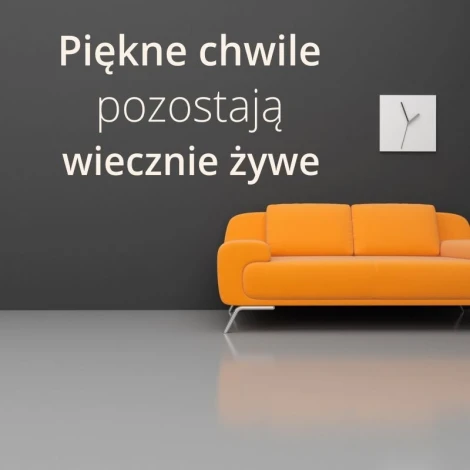 Sticker "Beautiful Moments Last" 1972 - Living room setup with dark wall, light floor, and orange sofa.