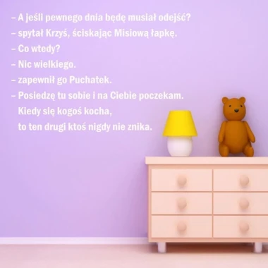 Winnie the Pooh sticker 1966 - Decor in a child\'s room. Light-colored wall, furniture in natural wood tones.