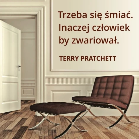 Sticker "You have to laugh" 1965 - Living room setup. Light walls, wooden floor, modern furniture.