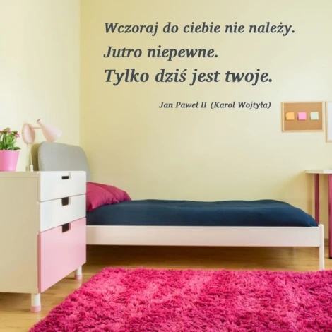 Sticker "Yesterday Doesn\'t Belong to You" 1937 - Bedroom decor with light walls, pink rug, and simple white furnishings.