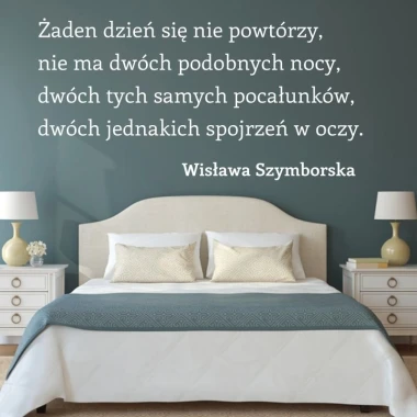Sticker "No day repeats" 1938 - Bedroom decor. Blue walls, bed with white bedding.