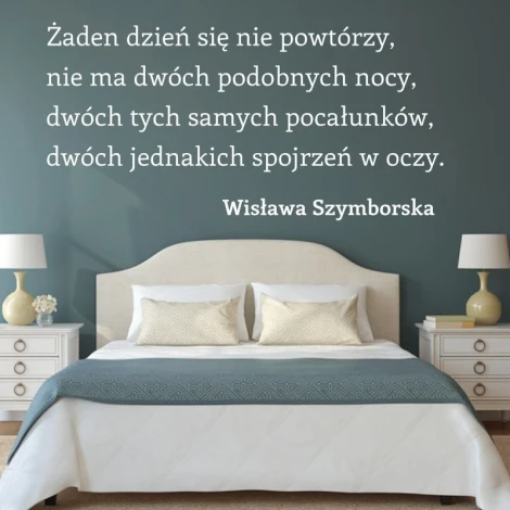 Sticker "No day repeats" 1938 - Bedroom decor. Blue walls, bed with white bedding.