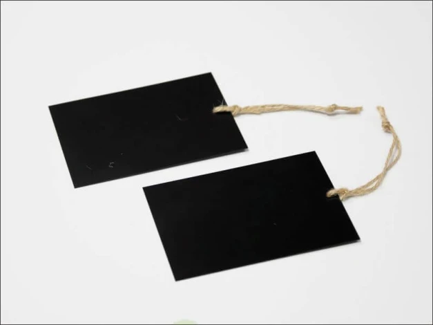 Rectangular chalk price tag with string - Graphic design. Two black rectangular tags with string.