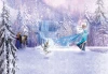 Queen Elsa Wallpaper 8-499 - Graphic design featuring characters in a winter landscape with snow, coniferous trees, and a waterfall.