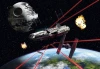 Star Wars Millennium Falcon wallpaper 8-489 - Graphic design featuring the spaceship in action with lasers and explosions.