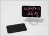 Rectangular chalk price tag with rounded corners - Graphic design. Black background with pink text.