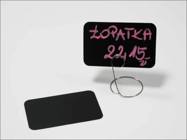 Rectangular chalk price tag with rounded corners - Graphic design. Black background with pink text.