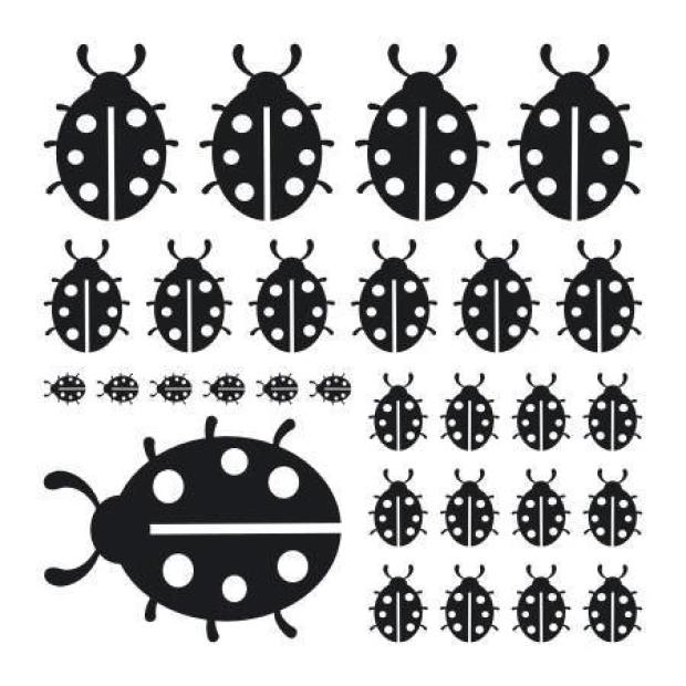 Ladybug stickers set 1974 - Graphic design featuring ladybugs in various sizes, black with white spots.