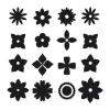 Flower stickers set 1889 - Graphic design. Black flowers in various shapes and sizes on a white background.