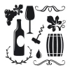 Wine stickers set 1890 - Design features a wine bottle, glass, grapes, barrel, and leaves.